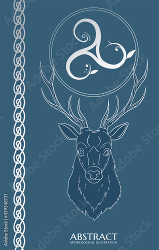 illustration with blue and silver deer head and Triskelion 
