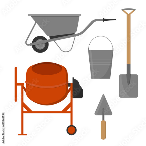 Set of construction tools. Concrete mixer, wheelbarrow, bucket and spade.