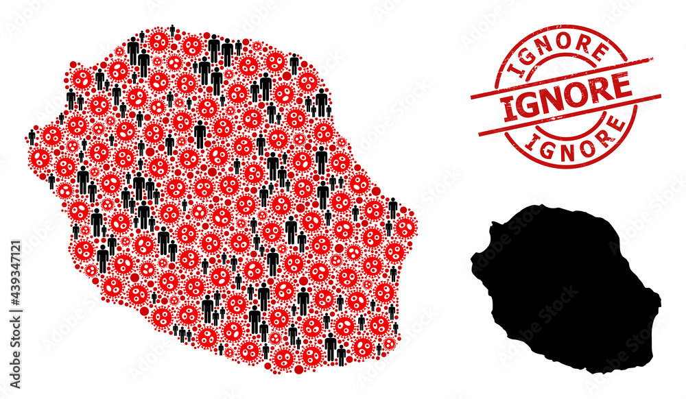Mosaic map of Reunion Island united from virus outbreak items and men items. Ignore grunge seal stamp. Black men elements and red flu virus items. Ignore phrase inside round stamp.