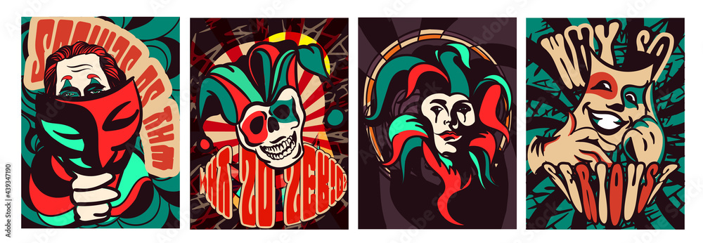 Cute colorful posters with joker wearing a mask for fun circus show