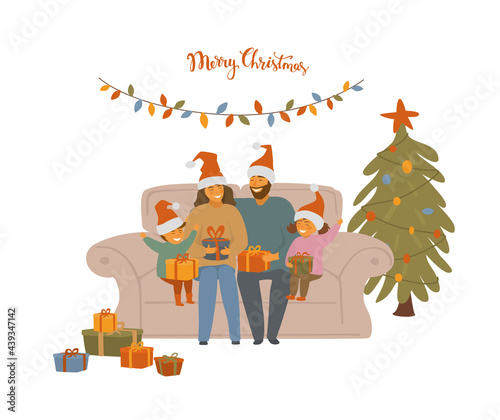 cute cartoon family, parents and children celebrating christmas , sitting on sofa exchanging xmas gifts, isolated vector illustration scene