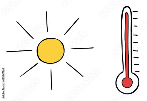Cartoon vector illustration of sun, thermometer and very hot weather