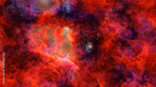 3D rendering of red colorful nebula and cosmic gas clusters with stars in a distant galaxy. Abstract fog nackground.