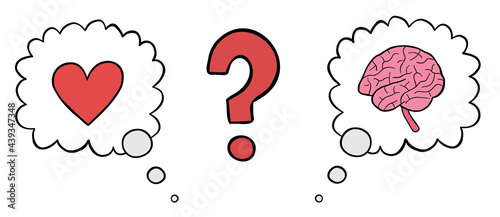 Cartoon vector illustration of heart and brain in a thought bubble, indecisive between the two