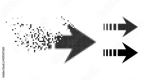 Dissipated dot send right icon with destruction effect, and halftone vector icon. Pixelated degradation effect for send right gives speed and movement of cyberspace things.