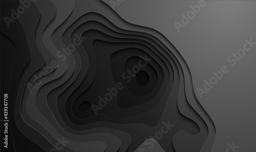 Black cutout in topographic map style. Black paper cut background. Vector illustration.