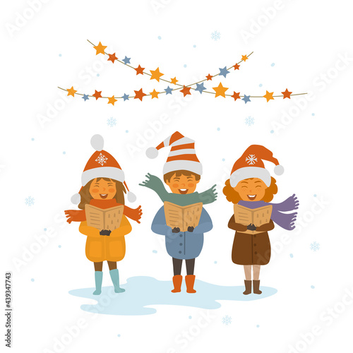 group of kids singing christmas songs carols isolated vector illustration scene