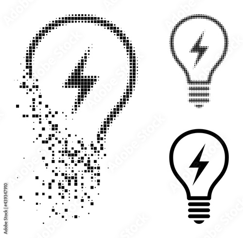 Dissolved pixelated electric bulb glyph with destruction effect, and halftone vector image. Pixelated disappearing effect for electric bulb shows speed and movement of cyberspace concepts.