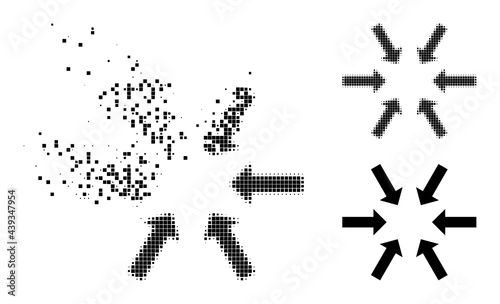 Fragmented dot compact arrows icon with wind effect, and halftone vector icon. Pixelated disintegration effect for compact arrows gives speed and movement of cyberspace objects.