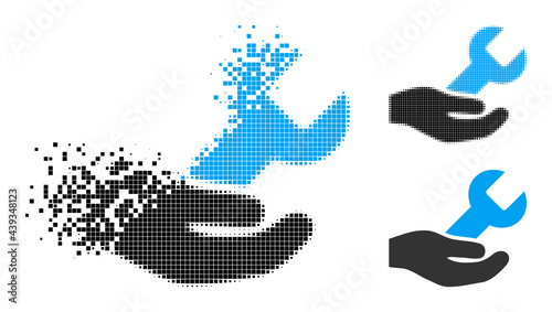 Dissolving pixelated repair service glyph with destruction effect, and halftone vector symbol. Pixelated degradation effect for repair service gives speed and motion of cyberspace concepts.