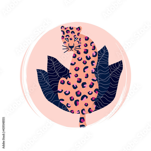 Cute logo or icon vector with leopard in contemporary abstract style, illustration on circle with brush texture, for social media story and highlights