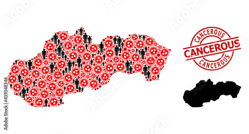 Mosaic map of Slovakia united from covid virus elements and population elements. Cancerous distress stamp. Black people elements and red covid virus icons. Cancerous phrase inside round watermark.