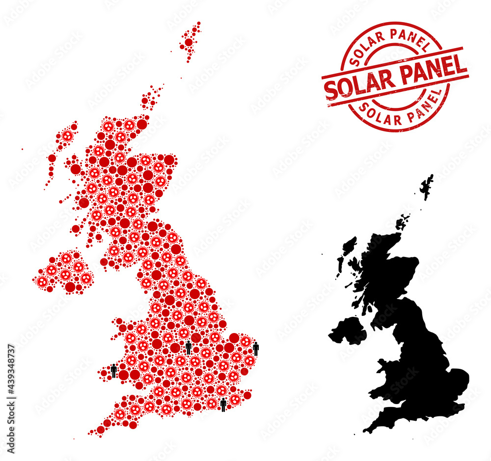 Obraz premium Mosaic map of United Kingdom designed from covid-2019 icons and people items. Solar Panel grunge seal. Black person icons and red covid-2019 icons. Solar Panel caption is inside round stamp.