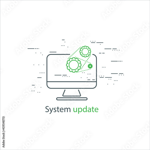 Desktop computer, laptop with update screen. Vector illustration.