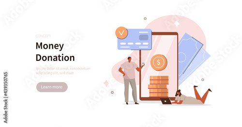 People characters donating money online. Volunteers paying with credit card  in mobile app. Financial support and fundraising concept. Flat cartoon vector illustration.