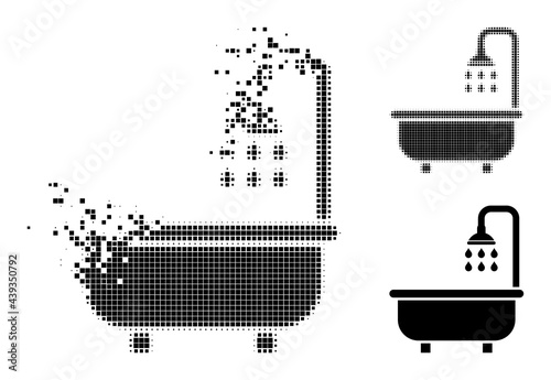 Disappearing dotted shower bath pictogram with wind effect, and halftone vector pictogram. Pixelated disappearing effect for shower bath shows speed and movement of cyberspace abstractions.