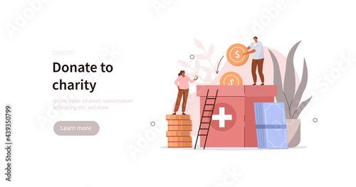 People characters donating money for charity. Volunteers putting coins and banknotes in big donation box. Charity support and fundraising concept. Flat cartoon vector illustration.