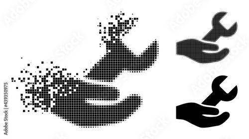 Fractured dot repair service icon with destruction effect, and halftone vector icon. Pixel disintegration effect for repair service shows speed and movement of cyberspace things.