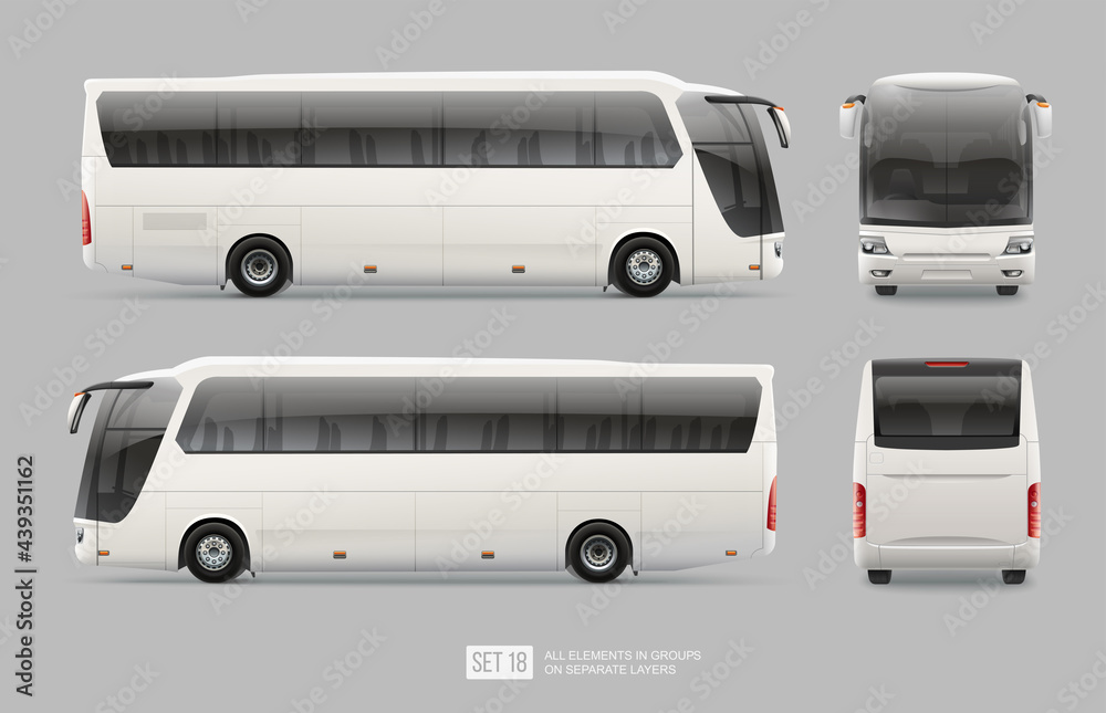 Passenger Coach bus template isolated on grey background for mockup design. Vector travel Bus for brand identity design. Side view realistic Bus template. Touristic passenger transport