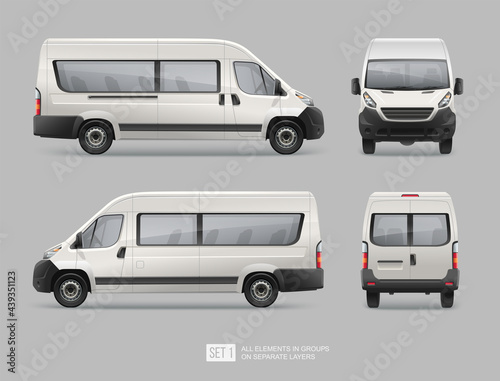 Passenger Van Mini Bus vector template for Mockup Advertising and Corporate identity on transport. Side view passenger bus.  Realistic Passenger Car Isolated on grey background