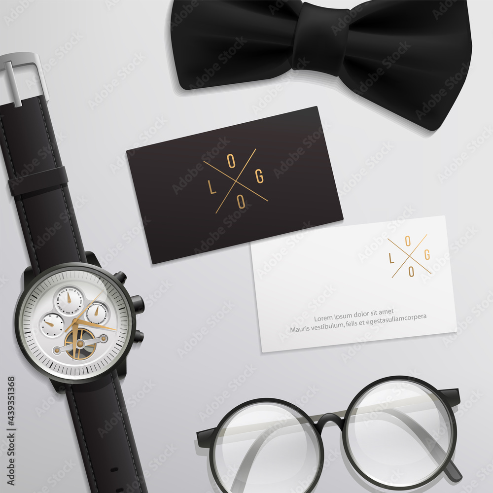 Personal Branding realistic mockup of business card, watch, glasses ...