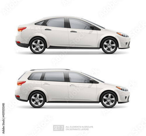 Realistic passenger Car Sedan isolated from white. Corporate Vehicle template for branding mockup and corporate identity on transport. Side view white passenger car