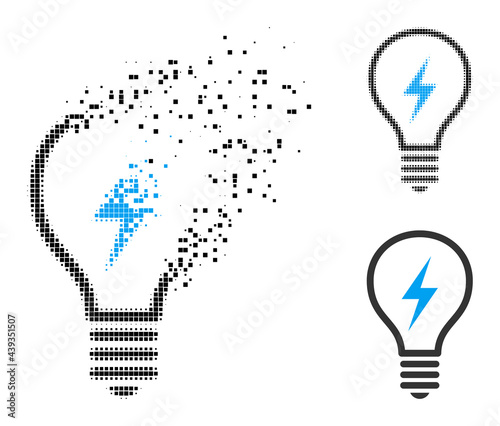 Dissipated dot electric bulb icon with destruction effect, and halftone vector icon. Pixelated disintegration effect for electric bulb reproduces speed and motion of cyberspace items.