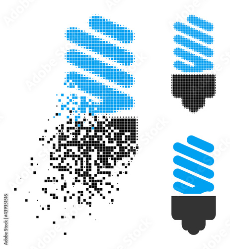 Fragmented dot fluorescent bulb icon with destruction effect, and halftone vector icon. Pixelated burst effect for fluorescent bulb gives speed and movement of cyberspace abstractions.