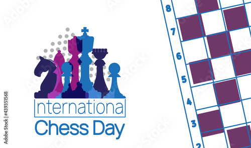 International Chess Day banner. Vector illustration of Chess Pieces King, Queen and Bishop near Chess board.
