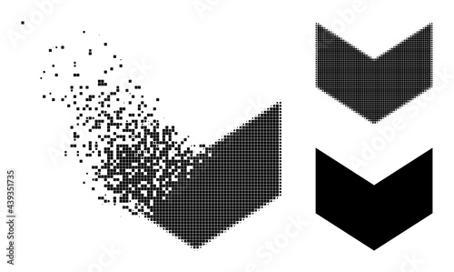 Disappearing pixelated direction down pictogram with destruction effect, and halftone vector symbol. Pixelated degradation effect for direction down shows speed and movement of cyberspace concepts.