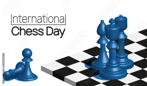 International Chess Day banner. Chess Pieces on the board vector illustration.