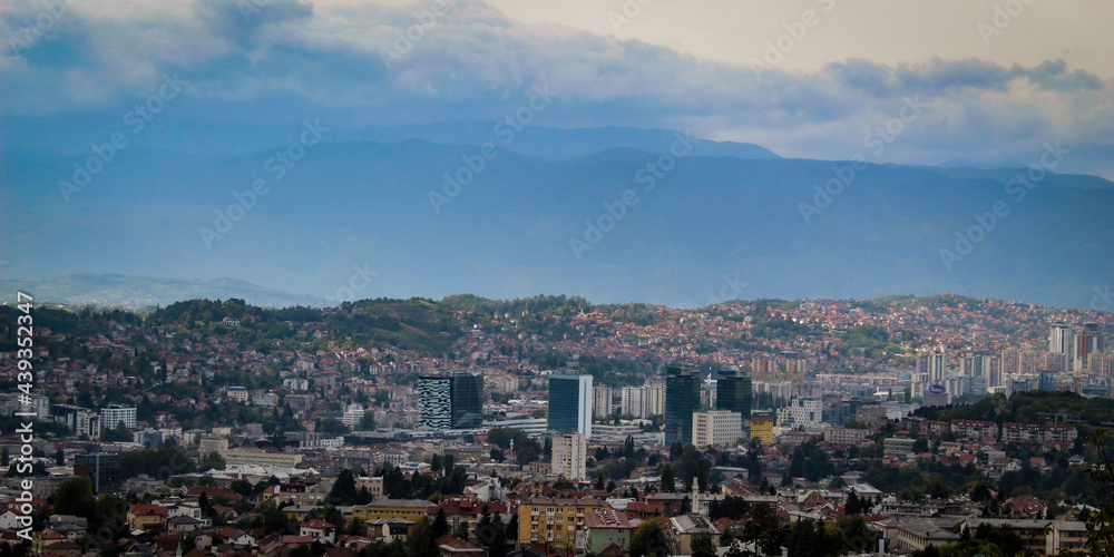 Panoramic view of Sarajevo. Sarajevo buildings. Banner.