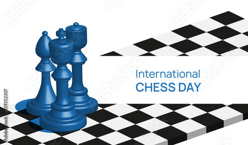 International Chess Day banner. Chess Pieces on the board vector illustration.
