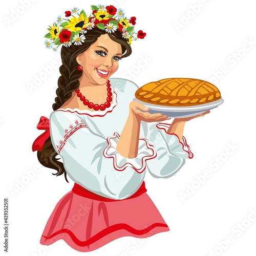 Ukrainian woman in traditional clothes with round loaf and salt - vector illustration.