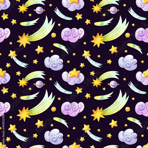 Watercolor cute seamless pattern with stars and clouds. Hand drawn collage illustration with stars  comets  abstract pastel. 