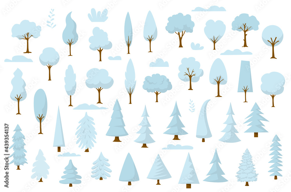 set of cartoon park and forest winter trees