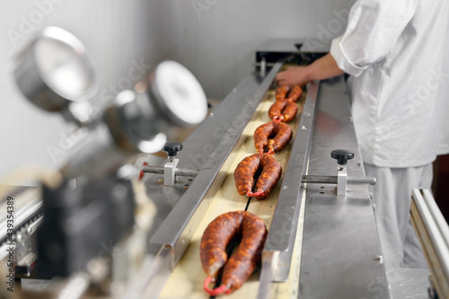 Sausages. Packing line of sausages. Industrial manufacture of sausage products. High quality photo