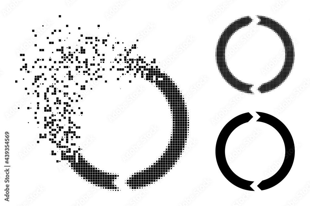 Disintegrating pixelated rotation pictogram with destruction effect, and halftone vector pictogram. Pixelated destruction effect for rotation demonstrates speed and movement of cyberspace things. Disintegrating pixelated rotation pictogram with destruction effect, and halftone vector pictogram. Pixelated destruction effect for rotation demonstrates speed and movement of cyberspace things.