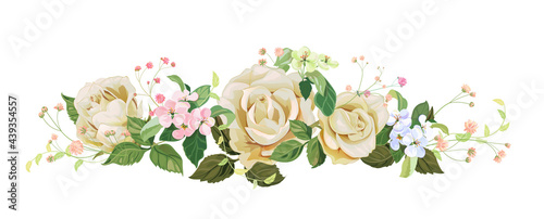 Panoramic view: bouquet of roses, spring blossom. Horizontal border: pink, mauve, white flowers, buds, green leaves on light background. Digital draw illustration in watercolor style, vintage, vector