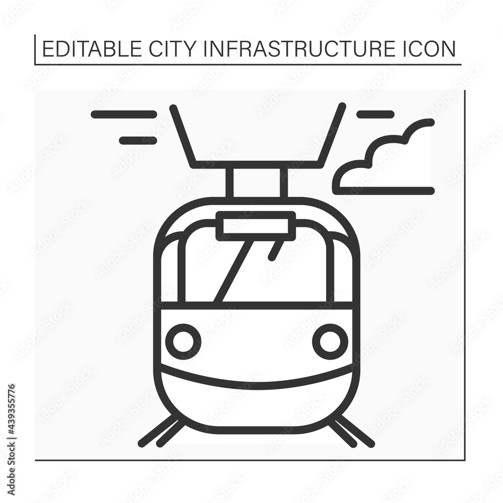 Tram line icon. Transport connected to electrical lines. Fast electric transportation. Outline drawing. City road infrastructure concept. Isolated vector illustrations. Editable stroke Tram line icon. Transport connected to electrical lines. Fast electric transportation. Outline drawing. City road infrastructure concept. Isolated vector illustrations. Editable stroke