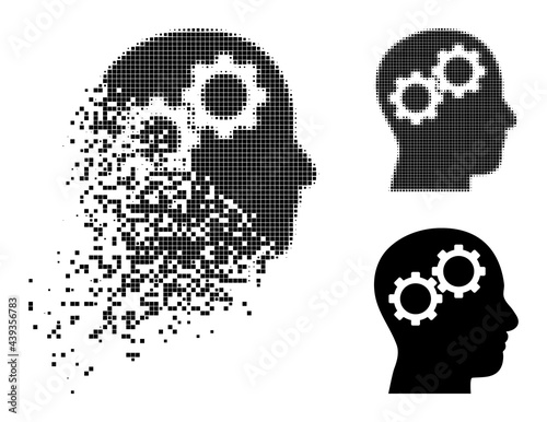 Destructed dot brain gears icon with destruction effect, and halftone vector icon. Pixel burst effect for brain gears gives speed and motion of cyberspace objects.