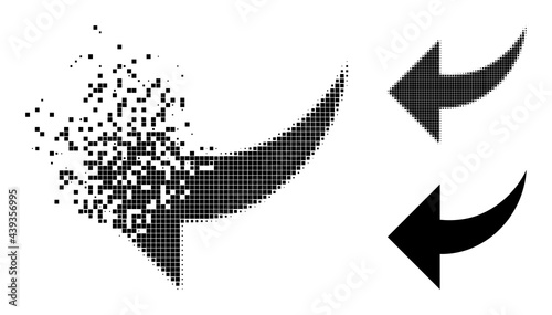 Disappearing dotted undo pictogram with wind effect, and halftone vector pictogram. Pixel destruction effect for undo shows speed and motion of cyberspace things.