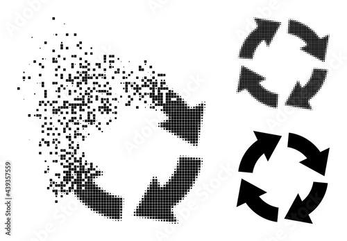 Dissipated dot circulation icon with destruction effect, and halftone vector icon. Pixelated transformation effect for circulation demonstrates speed and motion of cyberspace abstractions.