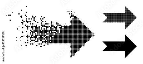 Dispersed pixelated arrow right glyph with destruction effect, and halftone vector icon. Pixelated abrasion effect for arrow right reproduces speed and motion of cyberspace objects.