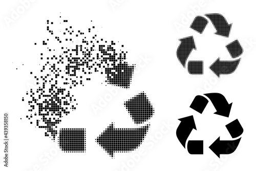 Dissolving dotted recycle pictogram with wind effect, and halftone vector pictogram. Pixel degradation effect for recycle demonstrates speed and motion of cyberspace concepts.