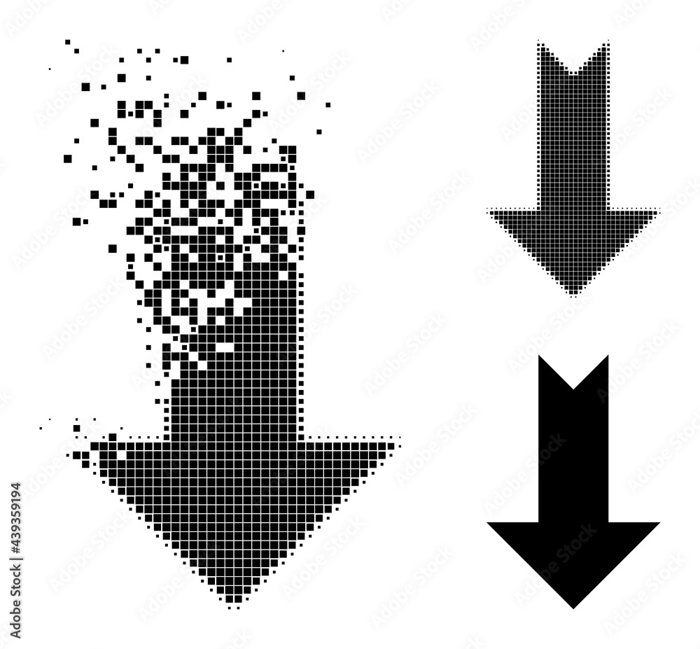 Dissipated dot arrow down icon with wind effect, and halftone vector icon. Pixelated dissolution effect for arrow down gives speed and motion of cyberspace concepts. Dissipated dot arrow down icon with wind effect, and halftone vector icon. Pixelated dissolution effect for arrow down gives speed and motion of cyberspace concepts.