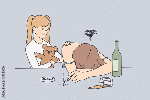 Alcohol drug addiction and help concept. Little sad cute girl standing near her mother and touching her shoulder wanting to help her feeling unhappy vector illustration 