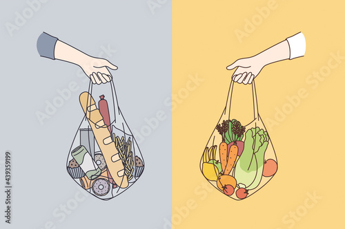 Dieting, choosing between various foods concept. Human hands holding bags of healthy vegetable vegan taw natural foods and ordinary ingredients vector illustration 