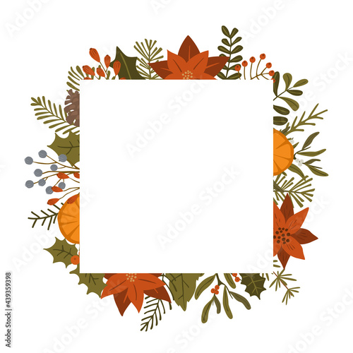 merry christmas winter foliage plants, poinsettia flowers leaves branches, red berries square frame template, isolated vector illustration xmas background
