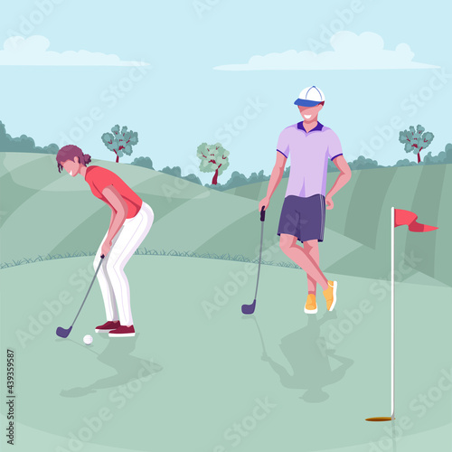 Woman and man playing golf. Golfers with clubs hitting the ball to hole with flag, standing and watching. Couple spending time on golf course. Colorful vector illustration. Cartoon style